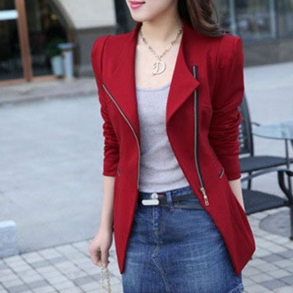 Slim Fit Candy Red Zipper Jacket Blazer Long - Picture 1 of 12